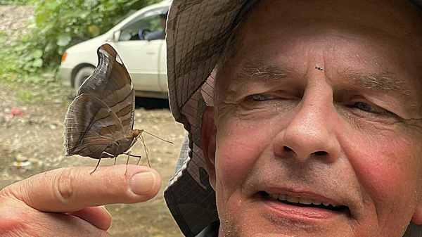 Peter Mllmann with Orion Cecropian, Historis odius on hand. From Rio Broncini Caranavi Bolivia d. 5 December 2024. Photographer: Kirsten Matthiesen.