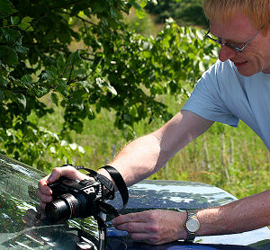 Kaj Dahl fotografere Det Hvide W, Satyrium w-album p bagruden af sin bil, den stod parkeret i skyggen af et elmetr. Brandbjerg. 3 juli 2005. Fotograf: Lars Andersen