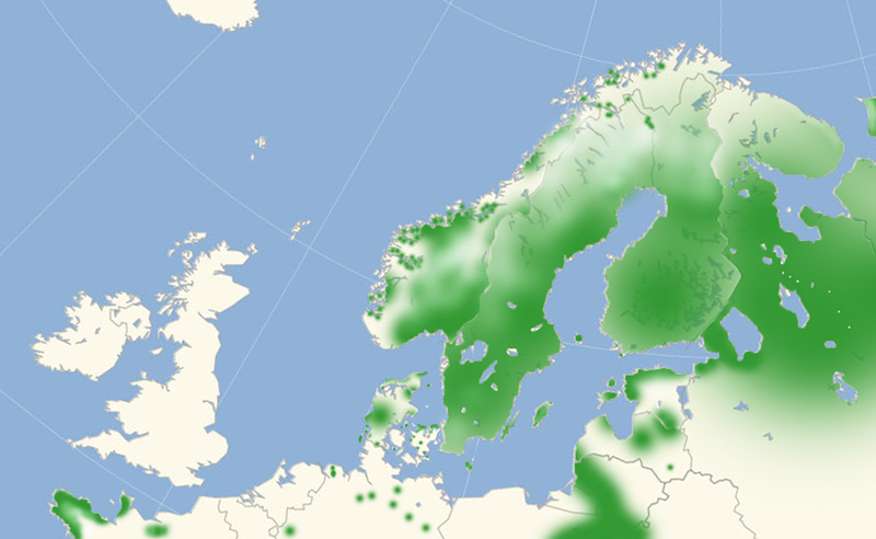 Foranderlig Blfugl, Plebejus idas udbredelse i Nordeuropa.