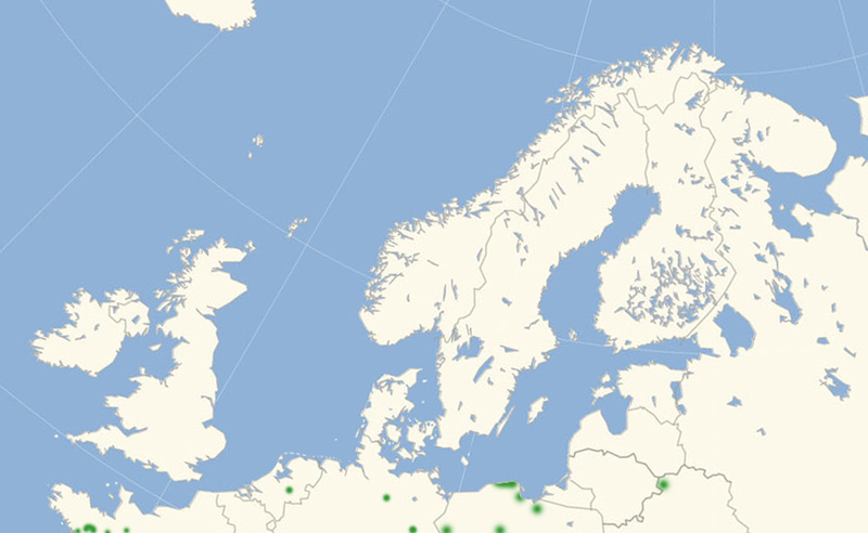 Nordeuropisk udbredelseskort over Hederandje, juli 2017 lavet af Lars Andersen