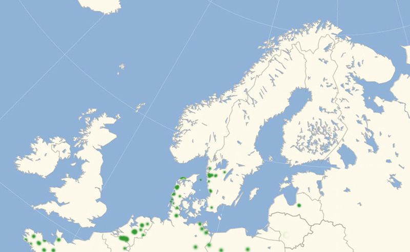 Ensianblåfugl udbredelse i Nordeuropa 2010-17. Kort lavet i april 2017 af Lars Andersen