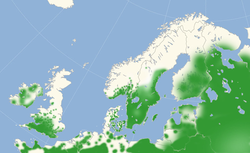 Kejserkbe udbredelse i Nordeuropa 2010-17. Kort lavet i july 2017 af Lars Andersen