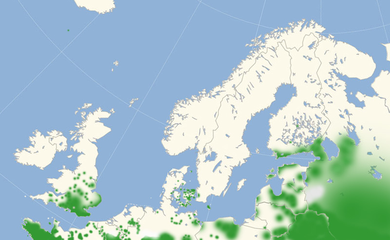 Hvid Admiral udbredelse i Nordeuropa 2010-17. Kort lavet i juli 2017 af Lars Andersen