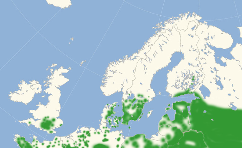 Iris udbredelse i Nordeuropa 2010-17. Kort lavet i juli 2017 af Lars Andersen