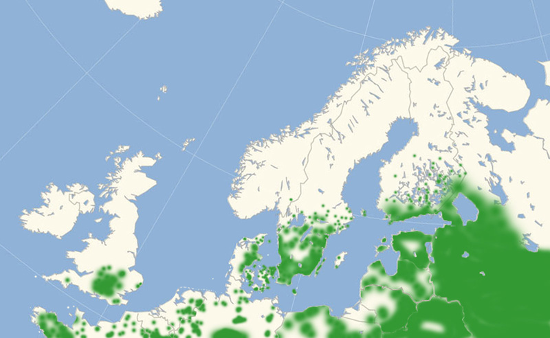 Iris udbredelse i Nordeuropa 2010-17. Kort lavet i juli 2017 af Lars Andersen