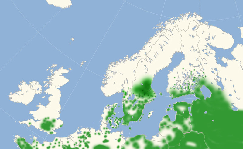 Iris udbredelse i Nordeuropa 2010-23. Kort lavet i juli 2017 af Lars Andersen